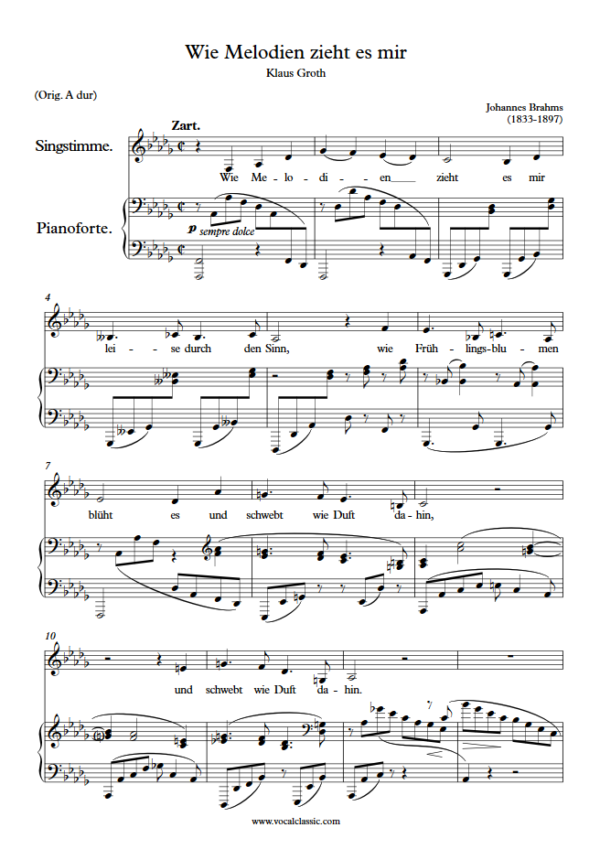 J. Brahms : Wie Melodien zieht es mir (Db Key ↓ 8vb) PDF Sheet music