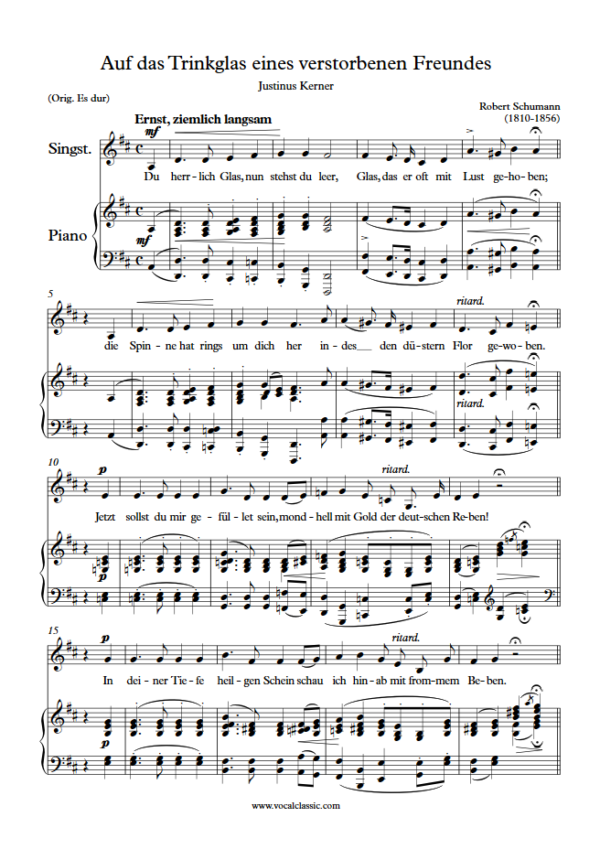 R. Schumann : Auf das Trinkglas eines verstorbenen Freundes (D Key) PDF Sheet music