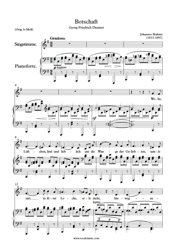 J. Brahms : Botschaft (E minor Key) PDF Sheet music