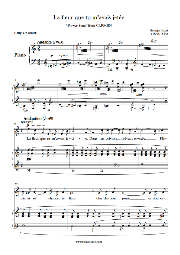 G. Bizet : La fleur que tu m’avais jetée (C Key) PDF – Flower Song Sheet music