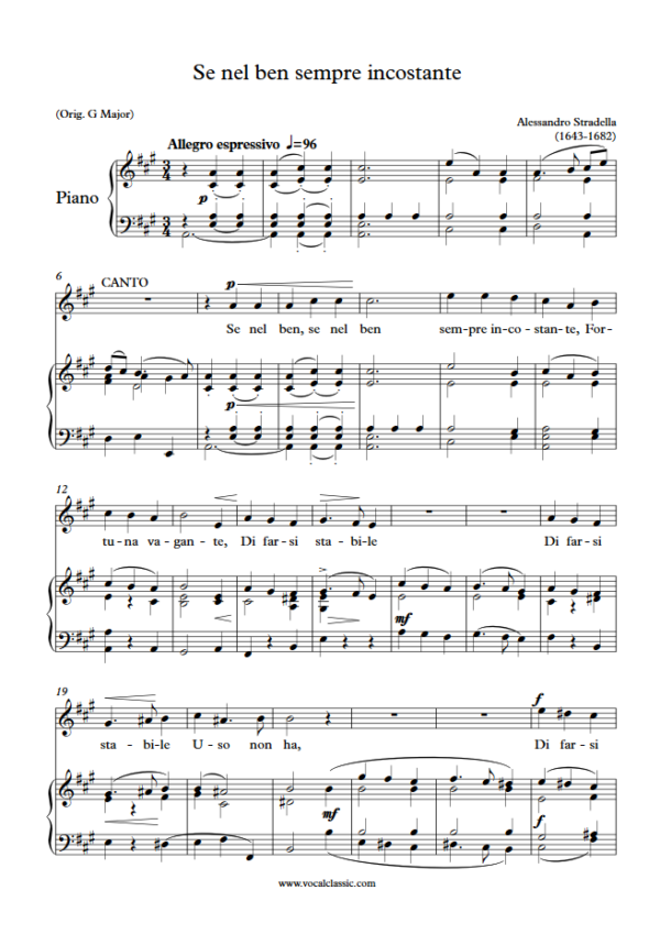 A. Stradella : Se nel ben sempre incostante (A Key) PDF Sheet music