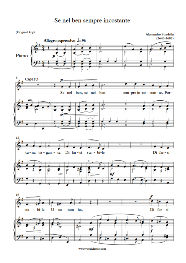 A. Stradella : Se nel ben sempre incostante (G Key, Original) PDF Sheet music