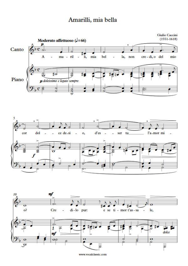 G. Caccini : Amarilli, mia bella (D minor Key) PDF Sheet music