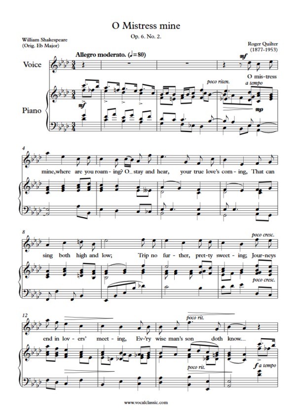 R. Quilter : O Mistress mine (Ab Key) PDF Sheet music