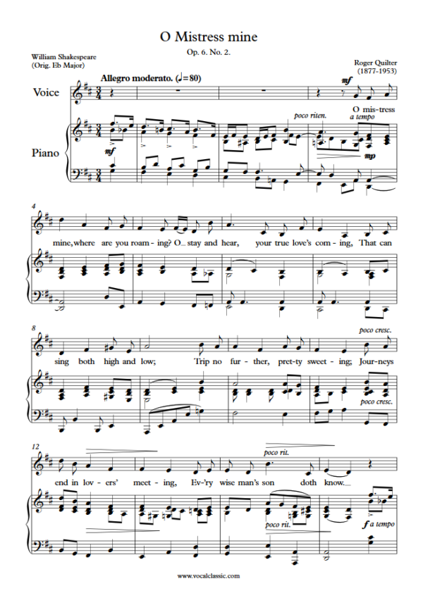 R. Quilter : O Mistress mine (D Key) PDF Sheet music