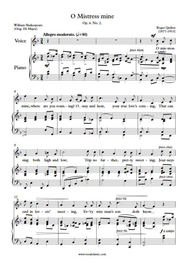 R. Quilter : O Mistress mine (F Key) PDF Sheet music