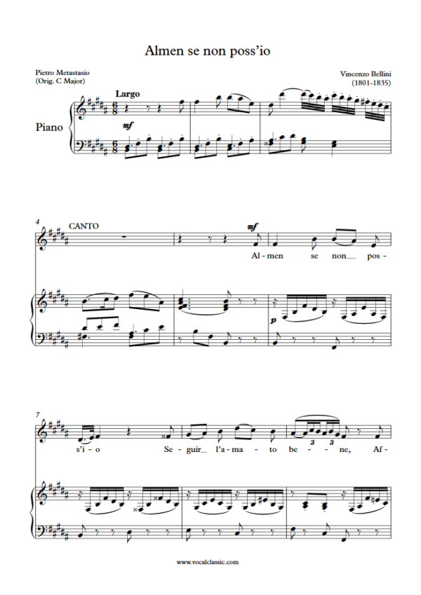 V. Bellini : Almen se non poss’io (B Key) PDF Sheet music