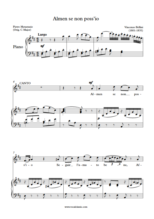 V. Bellini : Almen se non poss’io (D Key) PDF Sheet music