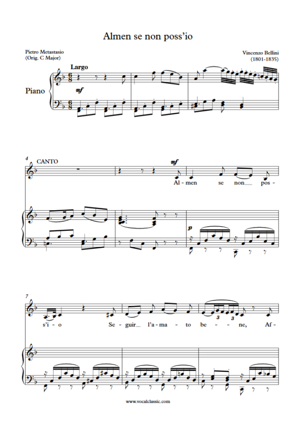 V. Bellini : Almen se non poss’io (F Key) PDF Sheet music