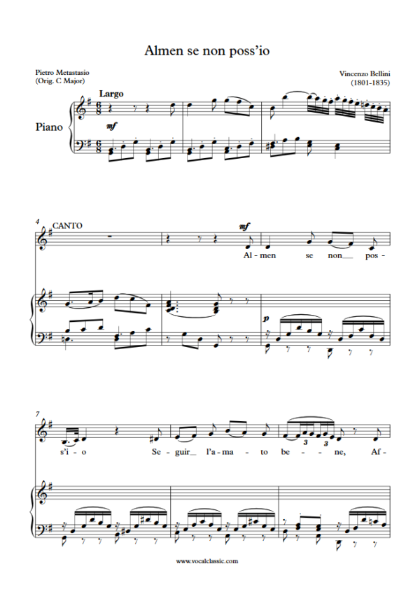 V. Bellini : Almen se non poss’io (G Key) PDF Sheet music