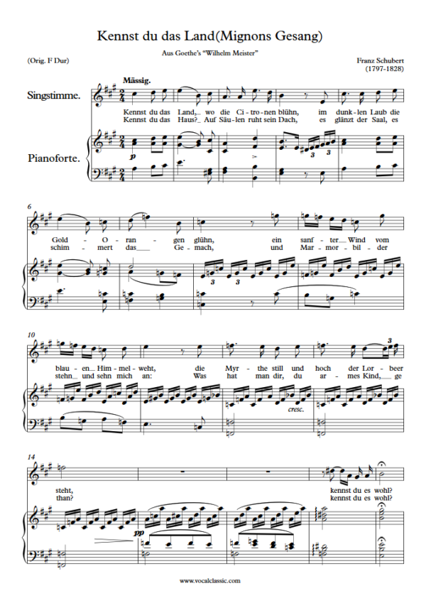 F. Schubert : Kennst du das Land(Mignons Gesang) (A key) PDF Sheet music