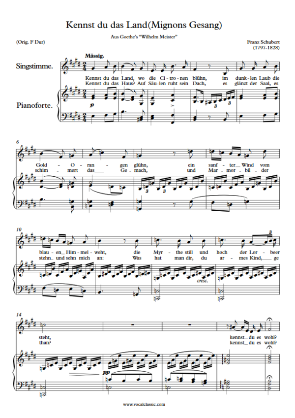 F. Schubert : Kennst du das Land(Mignons Gesang) (E key) PDF Sheet music