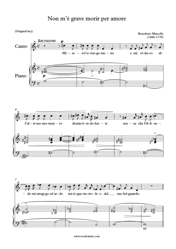 B. Marcello : Non m’è grave morir per amore (C Key, Original) PDF Sheet music