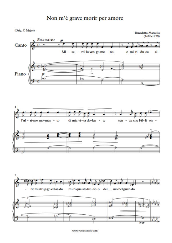 B. Marcello : Non m’è grave morir per amore (Db Key) PDF Sheet music