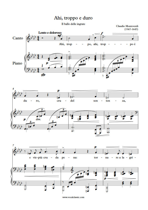 C. Monteverdi : Ahi, troppo e duro (F minor Key) PDF Sheet music