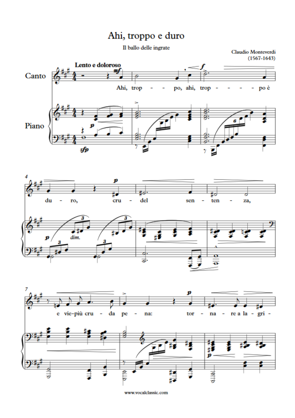 C. Monteverdi : Ahi, troppo e duro (F sharp minor Key) PDF Sheet music