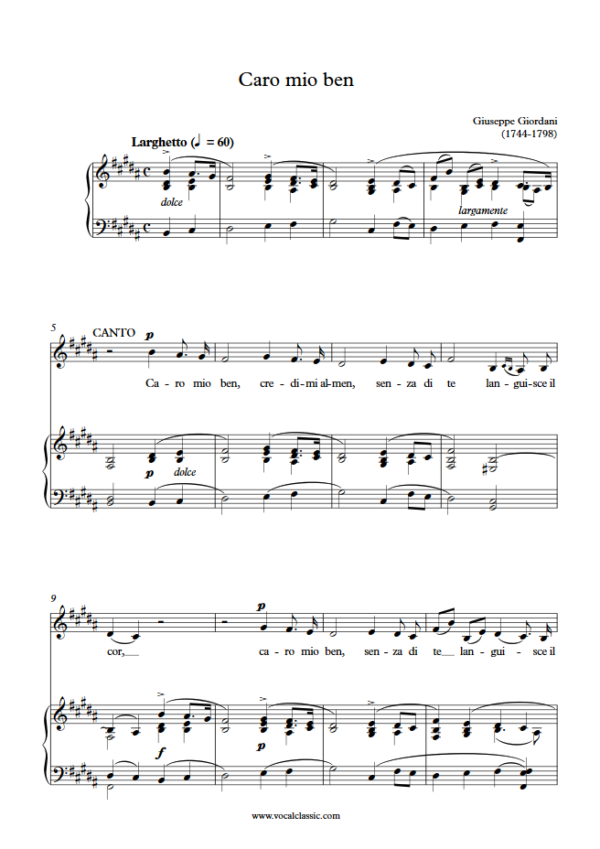 G. Giordani : Caro mio ben (B Key) PDF Sheet music