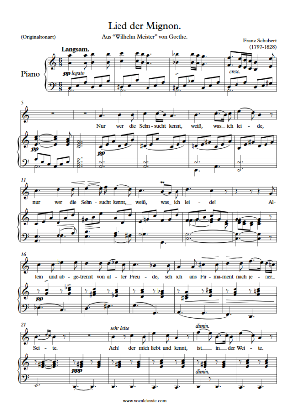 F. Schubert : Nur wer die Sehnsucht kennt (A minor key, Original) PDF Sheet music