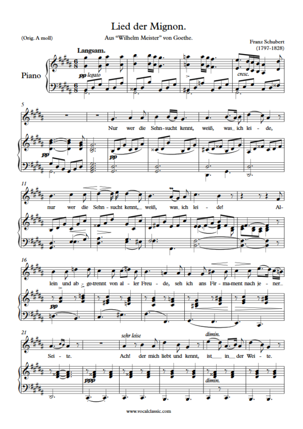 F. Schubert : Nur wer die Sehnsucht kennt (G sharp minor key) PDF Sheet music