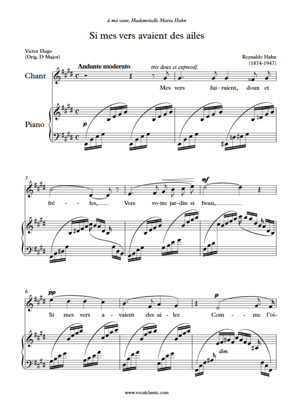 R. Hahn : Si mes vers avaient des ailes (E Key) PDF Sheet music