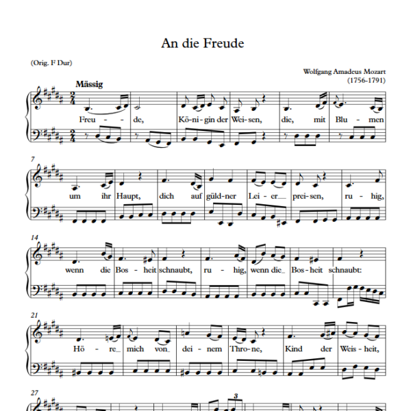 W. A. Mozart : An die Freude (B Key) PDF Sheet music