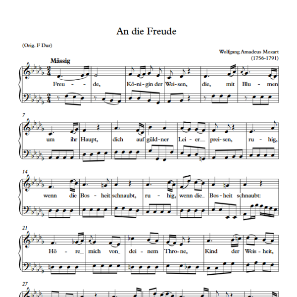 W. A. Mozart : An die Freude (Db Key) PDF Sheet music