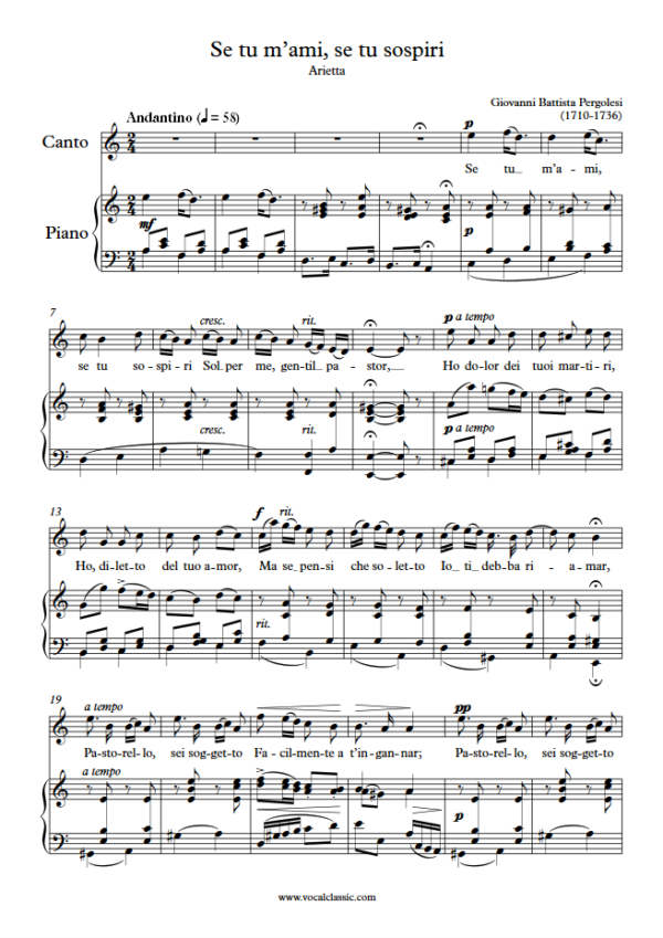 G. B. Pergolesi : Se tu m’ami, se tu sospiri (A minor Key) PDF Sheet music