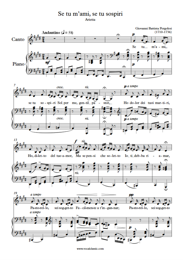 G. B. Pergolesi : Se tu m’ami, se tu sospiri (C sharp minor Key) PDF Sheet music