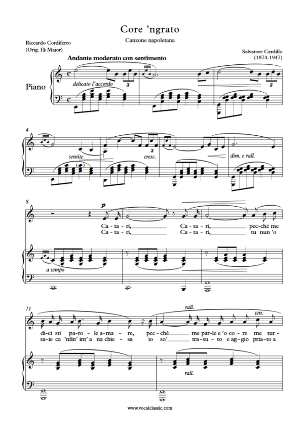 S. Cardillo : Core ’ngrato (C Key) PDF Sheet music