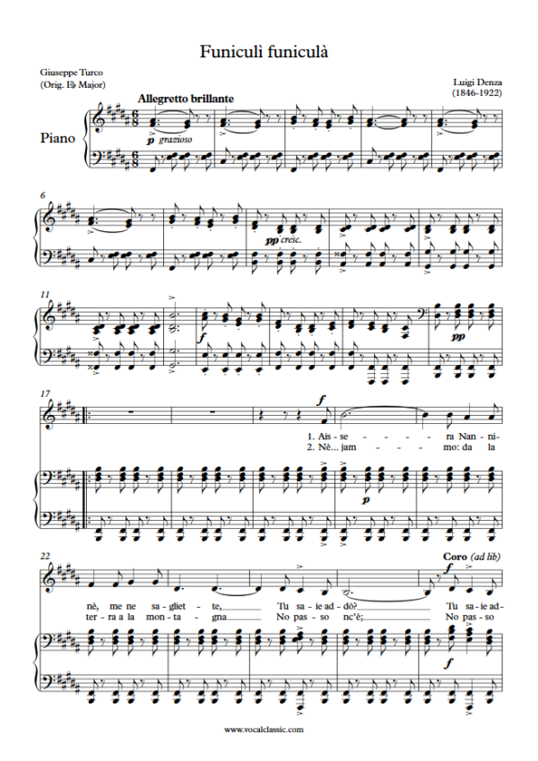 L. Denza : Funiculì funiculà (B Key) PDF Sheet music