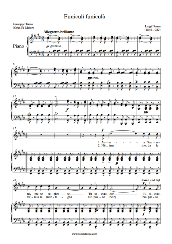 L. Denza : Funiculì funiculà (E Key) PDF Sheet music