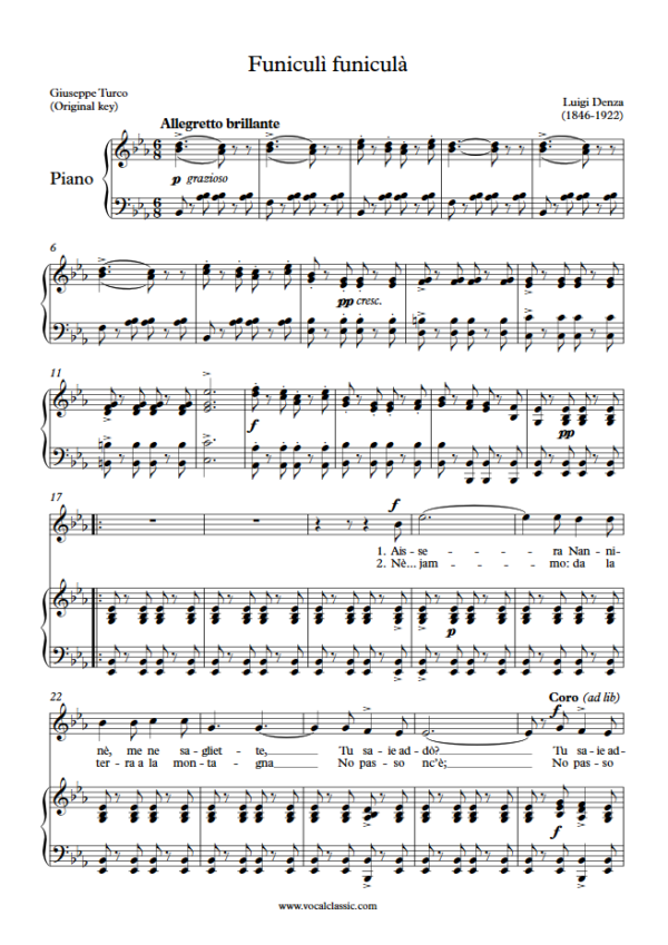 L. Denza : Funiculì funiculà (Eb Key, Original) PDF Sheet music