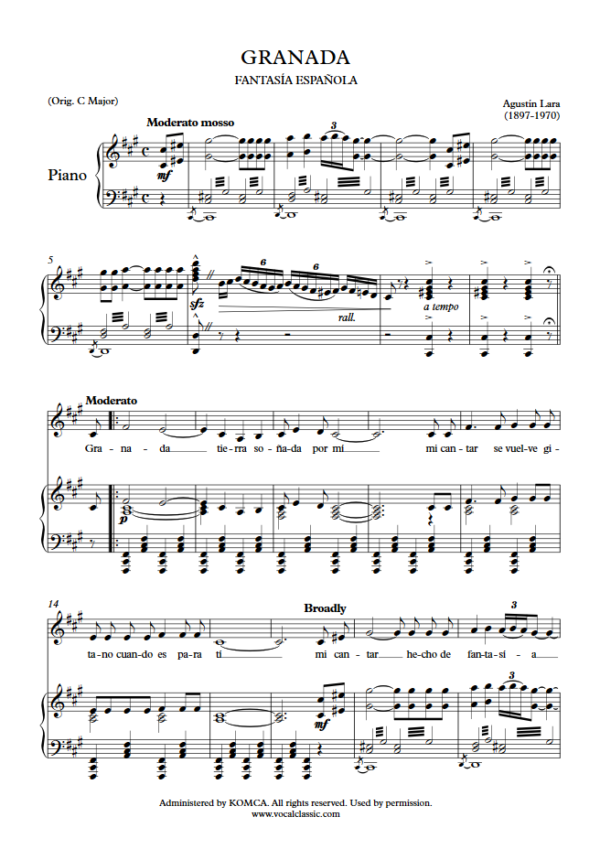 A. Lara : Granada (A Key) PDF Sheet music