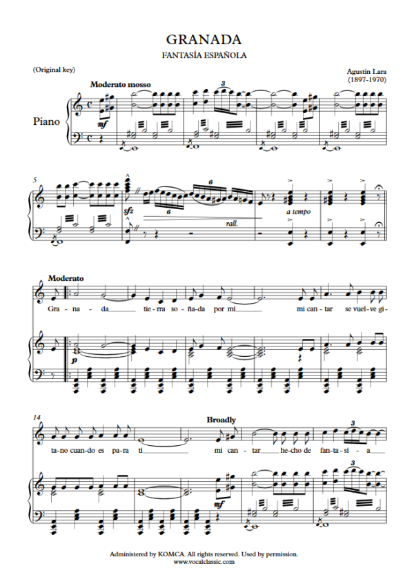 A. Lara : Granada (C Key, Original) PDF Sheet music