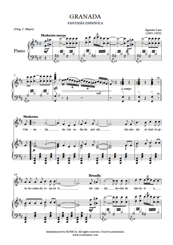 A. Lara : Granada (D Key) PDF Sheet music