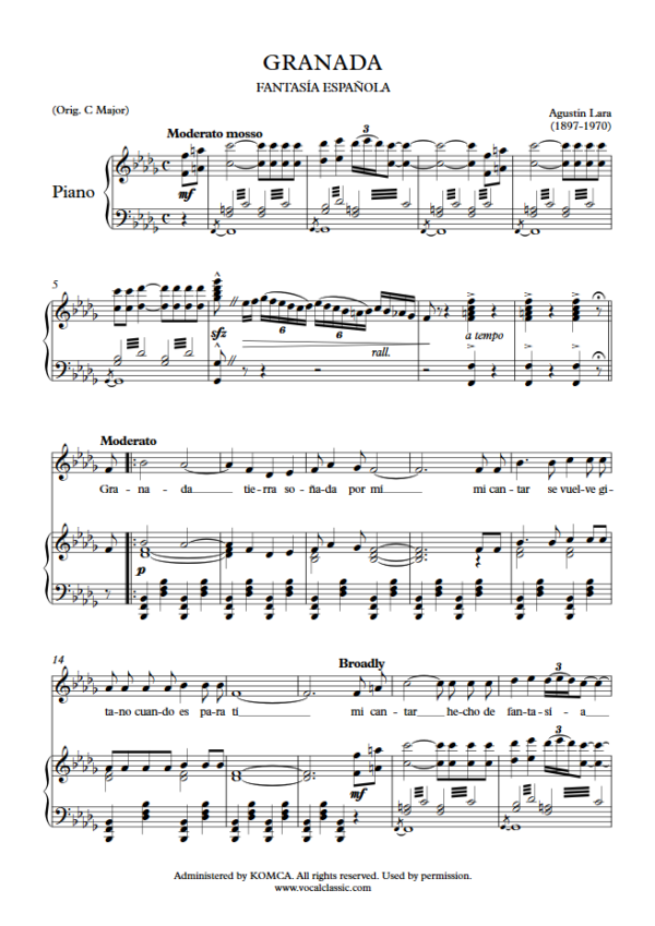 A. Lara : Granada (Db Key) PDF Sheet music