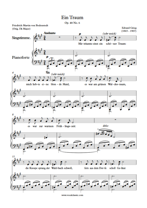 E. Grieg : Ein Traum (A Key) PDF Sheet music