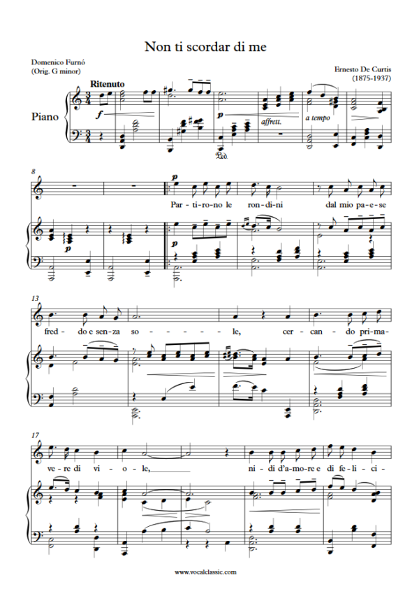 E. de Curtis : Non ti scordar di me (A minor Key) PDF Sheet music