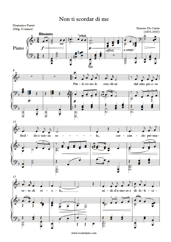 E. de Curtis : Non ti scordar di me (D minor Key) PDF Sheet music