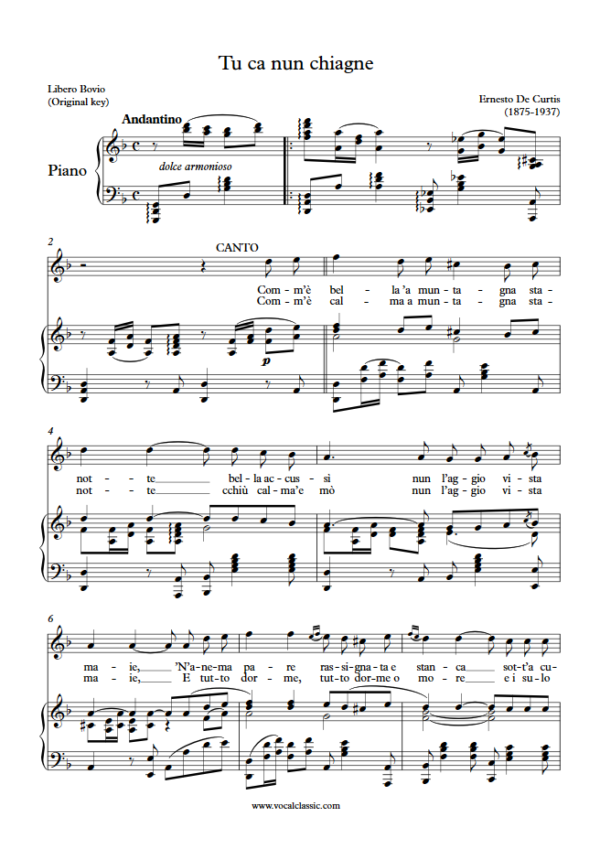 E. de Curtis : Tu ca nun chiagne (D minor Key, Original) PDF Sheet music