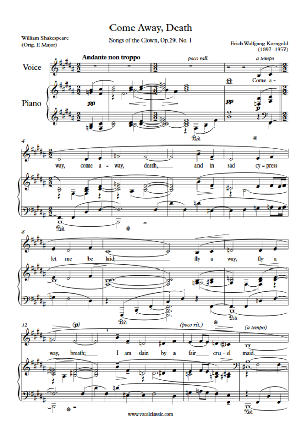 E. W. Korngold : Come Away, Death (B Key) PDF Sheet music