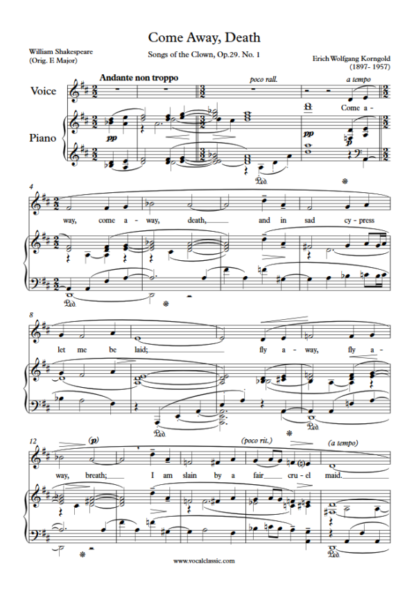 E. W. Korngold : Come Away, Death (D Key) PDF Sheet music