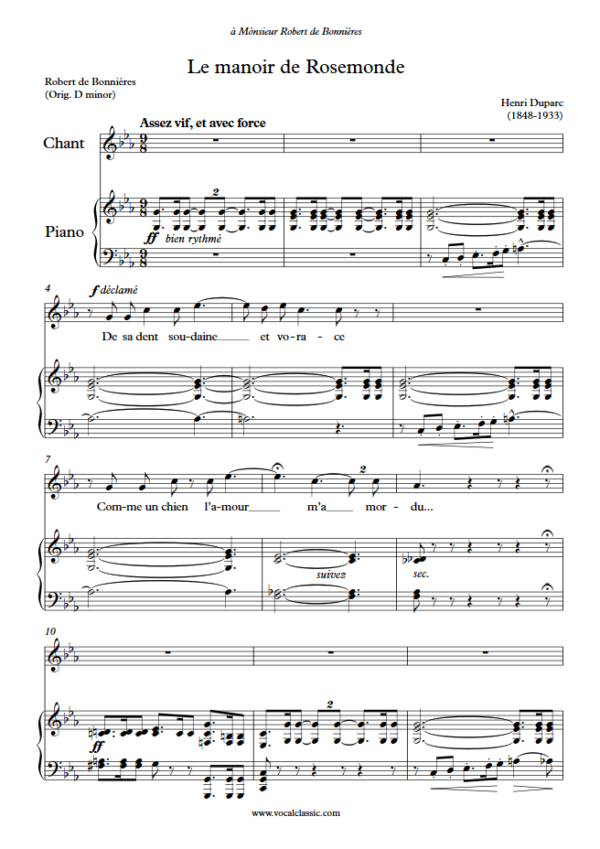 H. Duparc : Le manoir de Rosemonde (C minor Key) PDF Sheet music