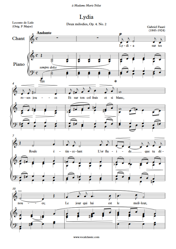 G. Fauré : Lydia (C Key) PDF Sheet music