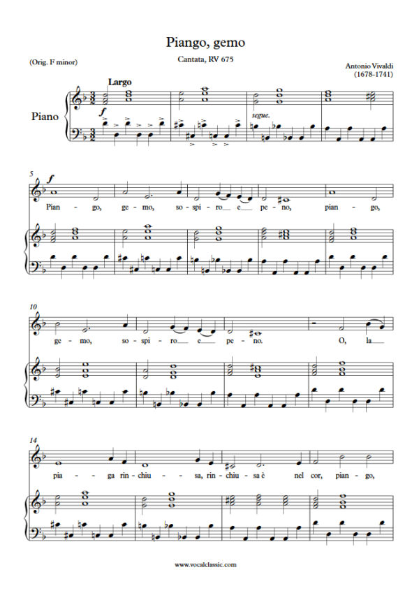 A. Vivaldi : Piango, gemo (D minor Key) PDF Sheet music