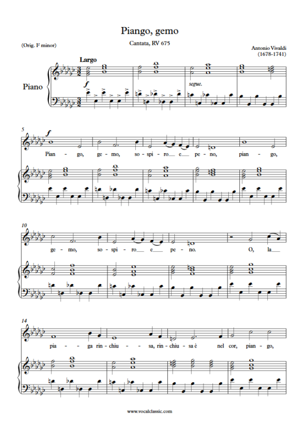 A. Vivaldi : Piango, gemo (Eb minor Key) PDF Sheet music